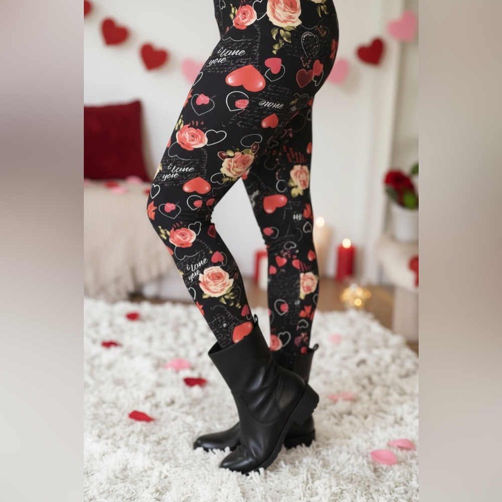 ❤️OS NEW Womens Valentines Day Heart Be Mine Love Leggings, Soft Yoga Pants - Picture 2 of 11